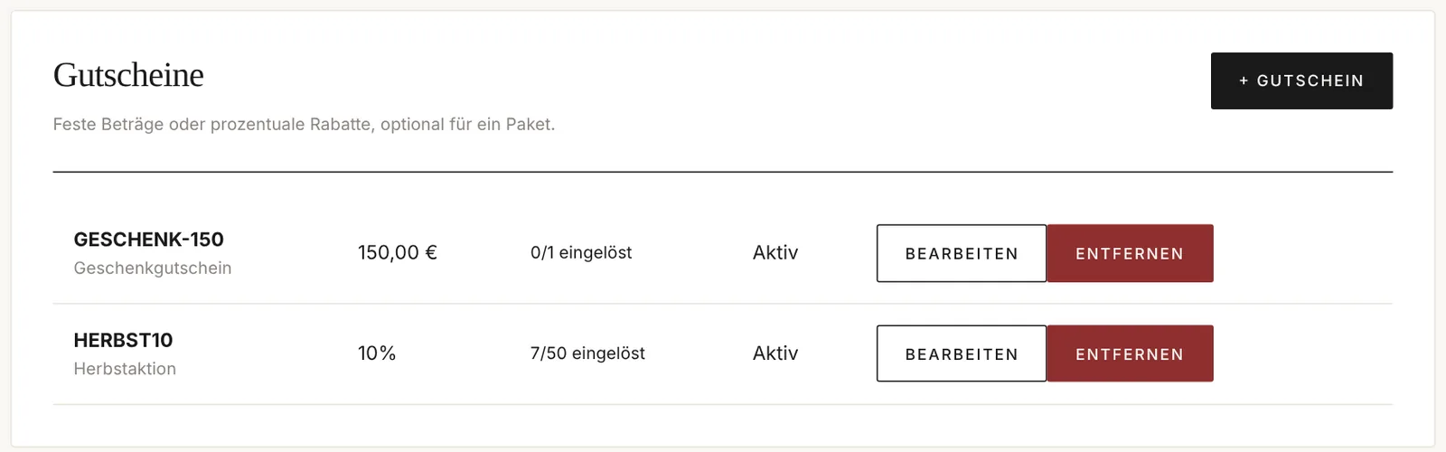 CRM-Übersicht der Gutscheine mit Code, Wert, Einlösungen und Status