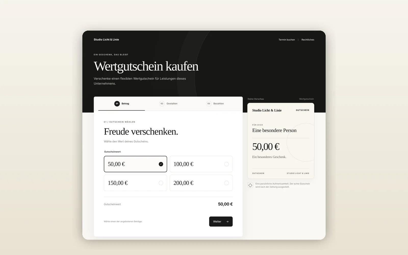 Online-Gutscheinshop eines Fotostudios mit Auswahl von 50, 100, 150 und 200 Euro und Vorschau des Gutscheins