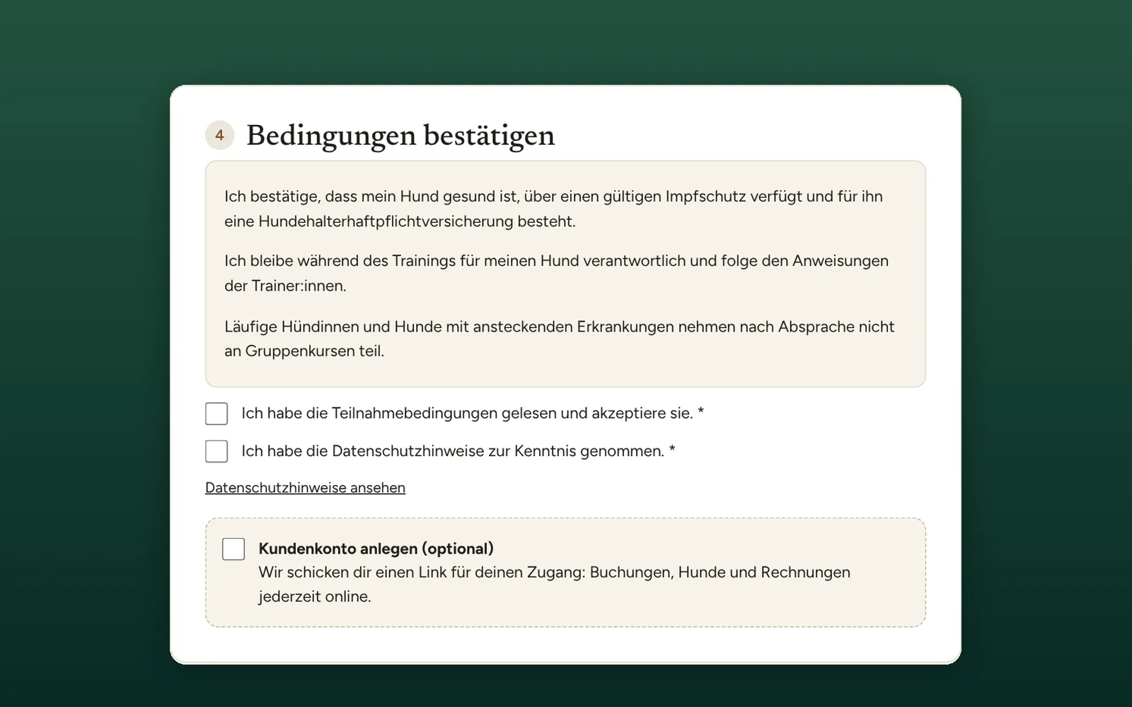 Online-Kursbuchung einer Hundeschule mit Teilnahmebedingungen und Häkchen zur Bestätigung