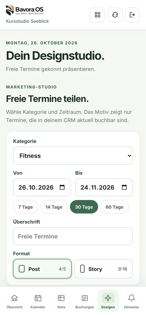 Designstudio des Kursstudios mit Kategorie Fitness, Zeitraum und Format