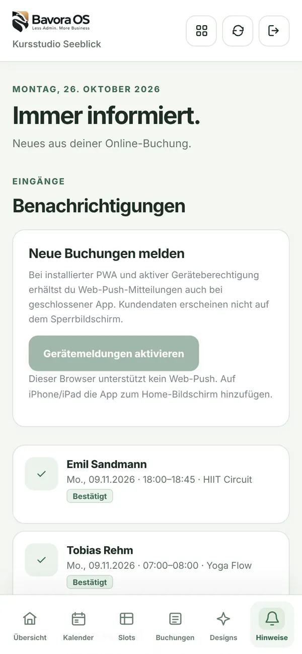 Hinweise des Kursstudios mit neuen Online-Buchungen