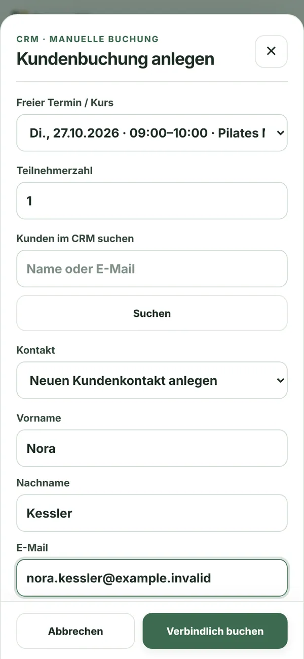Dialog Kundenbuchung anlegen im Kursstudio: Kurs Pilates, Teilnehmerzahl 1, neuer Kontakt und Schaltfläche Verbindlich buchen