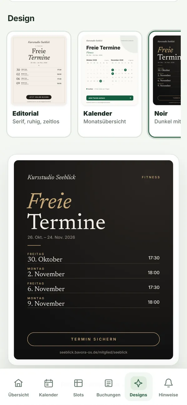 Motiv im Design Noir: Freie Termine mit vier Kursterminen und Schaltfläche Termin sichern