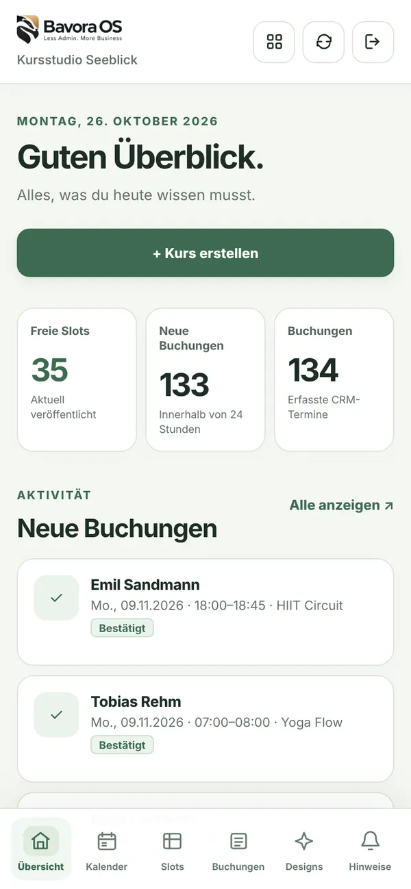 Bavora Book Übersicht des Kursstudios: 35 freie Slots, 130 neue Buchungen, neueste Buchungen für HIIT Circuit und Yoga Flow