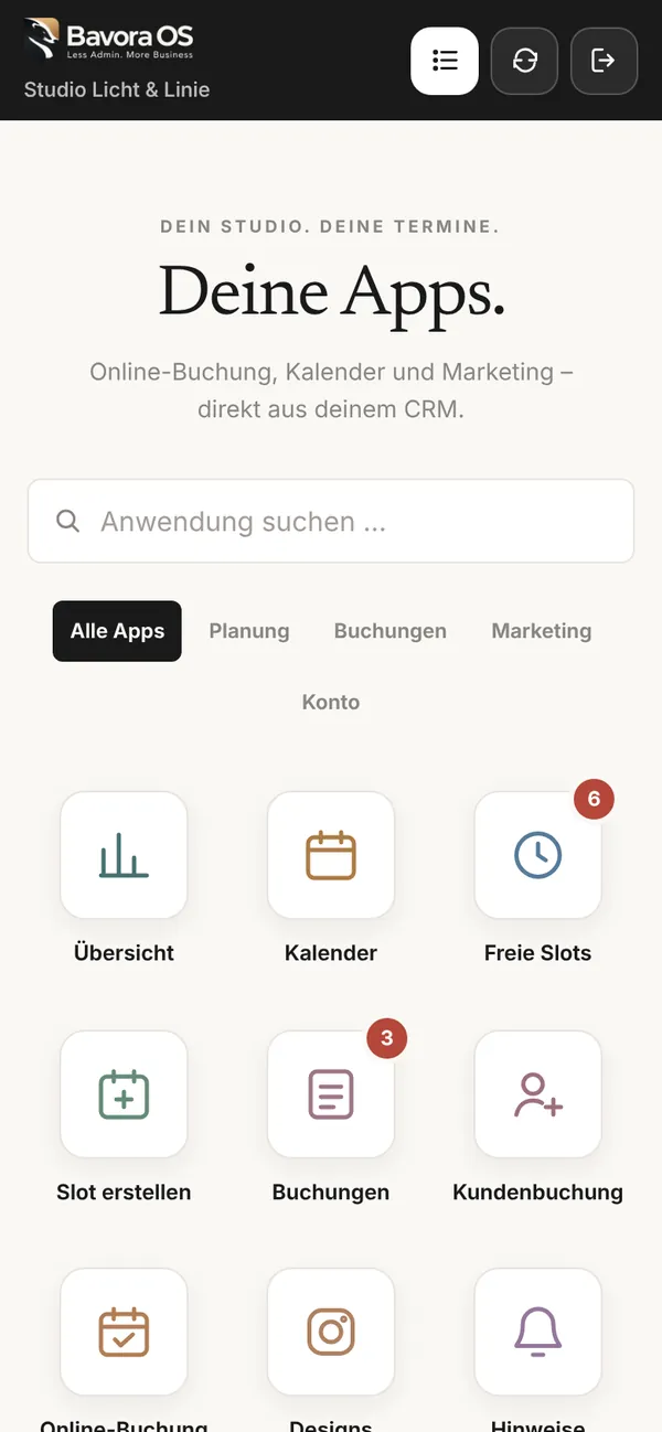 App-Ansicht Deine Apps: Kacheln für Übersicht, Kalender, Freie Slots, Slot erstellen, Buchungen und Kundenbuchung mit Zählern