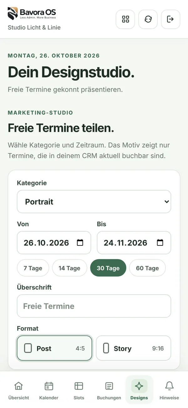 Designstudio: Kategorie Portrait, Zeitraum von 26.10. bis 24.11.2026, Überschrift und Format Post oder Story
