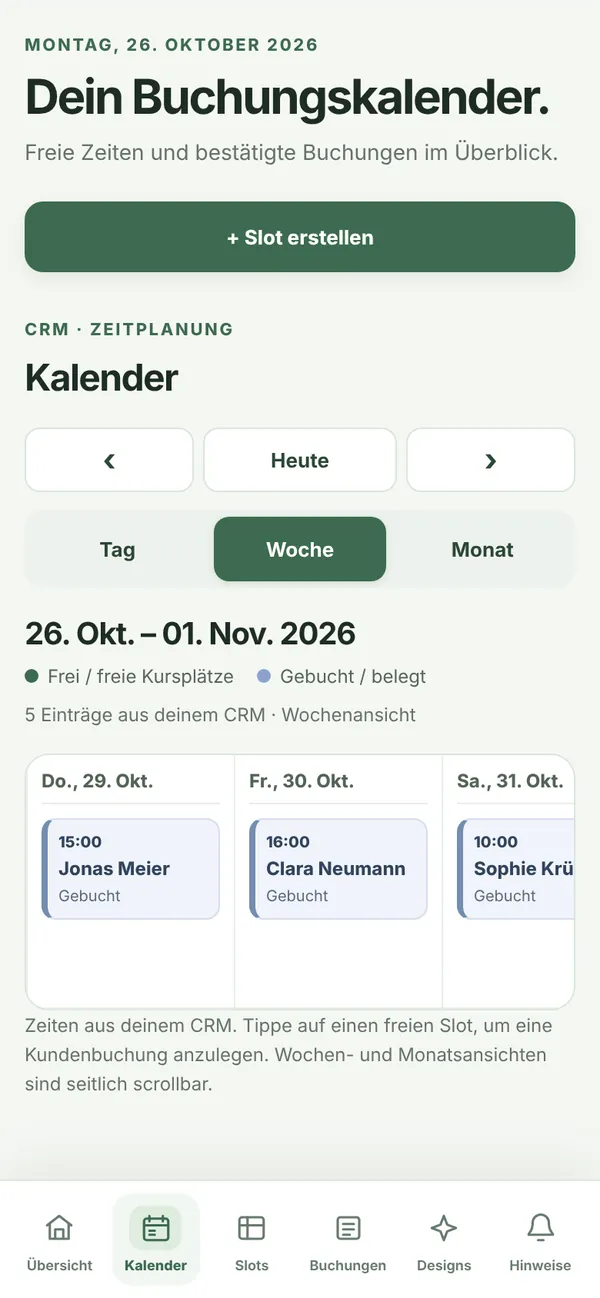 Buchungskalender in der Wochenansicht mit gebuchten Shootings von Jonas Meier, Clara Neumann und Sophie Krüger