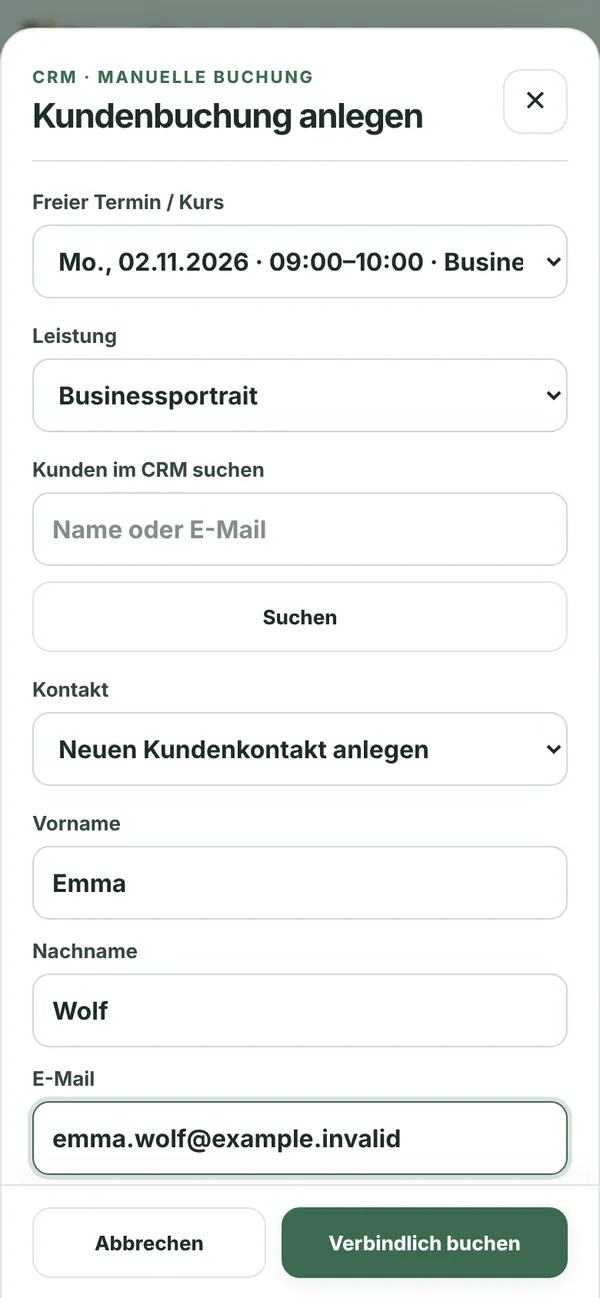 Dialog Kundenbuchung anlegen: freier Termin, Leistung Businessportrait, Kontakt suchen oder neu anlegen, Schaltfläche Verbindlich buchen