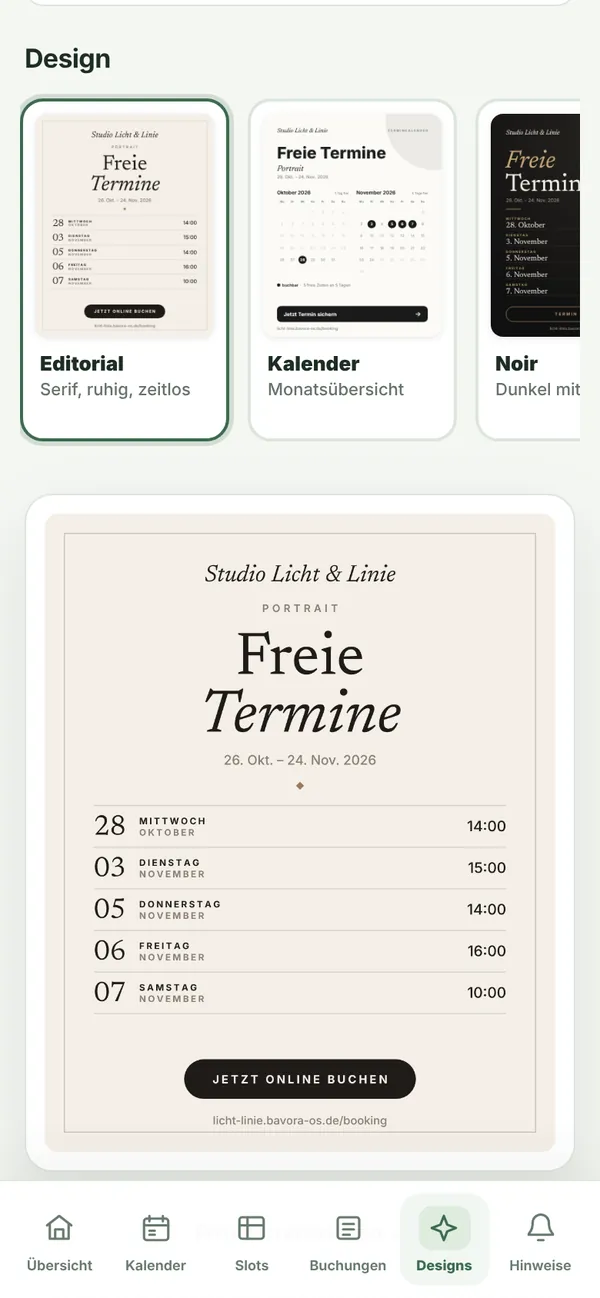 Motiv im Design Editorial: Freie Termine mit fünf buchbaren Zeiten und dem Hinweis Jetzt online buchen