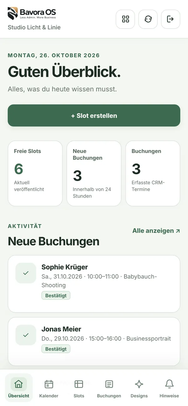 Bavora Book Übersicht: Guten Überblick mit 6 freien Slots, 3 neuen Buchungen und den neuesten Buchungen von Sophie Krüger und Jonas Meier