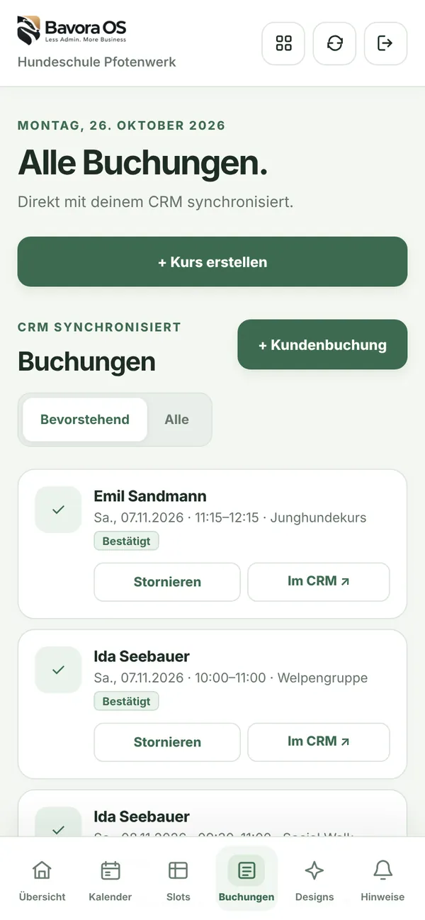 Buchungen der Hundeschule: Junghundekurs und Welpengruppe mit Stornieren und Im CRM öffnen