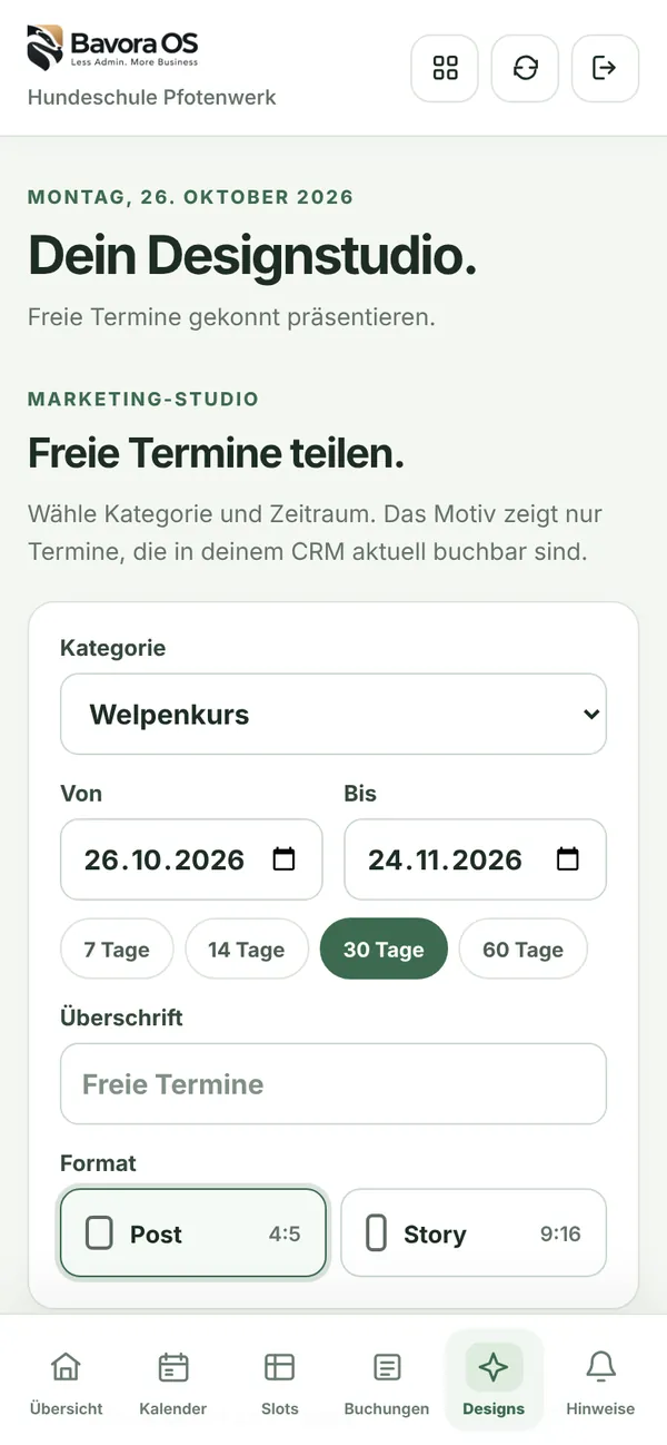 Designstudio der Hundeschule mit Kategorie Welpenkurs, Zeitraum und Format
