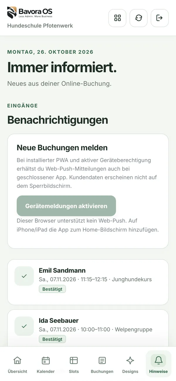 Hinweise der Hundeschule mit neuen Online-Buchungen