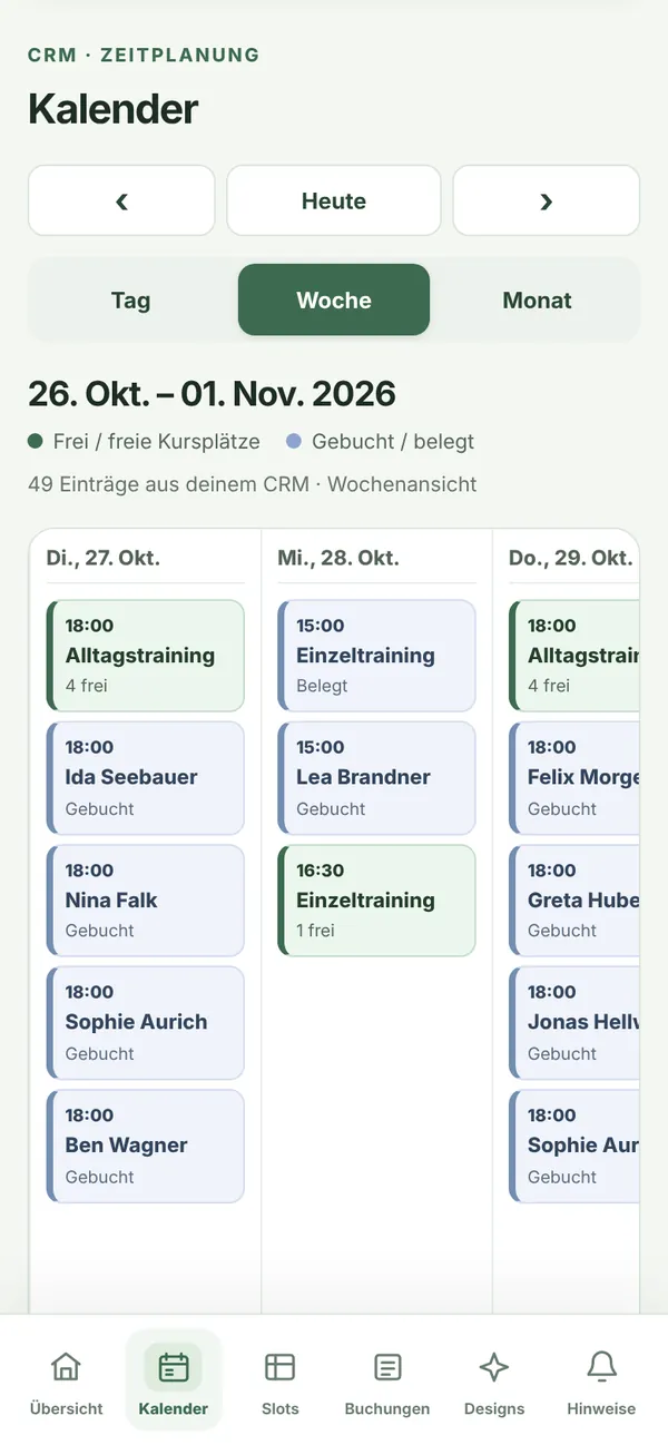 Wochenkalender der Hundeschule mit Alltagstraining, Einzeltrainings und belegten Plätzen