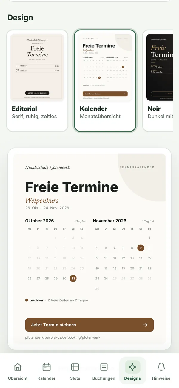 Motiv im Design Kalender: Freie Termine im Welpenkurs als Monatsübersicht mit Schaltfläche Jetzt Termin sichern