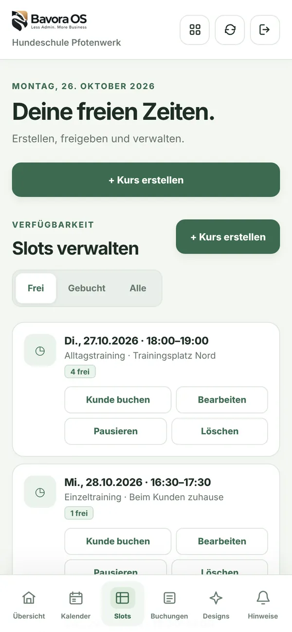 Kurse verwalten: Alltagstraining am Trainingsplatz Nord mit 4 freien Plätzen und Einzeltraining beim Kunden zuhause