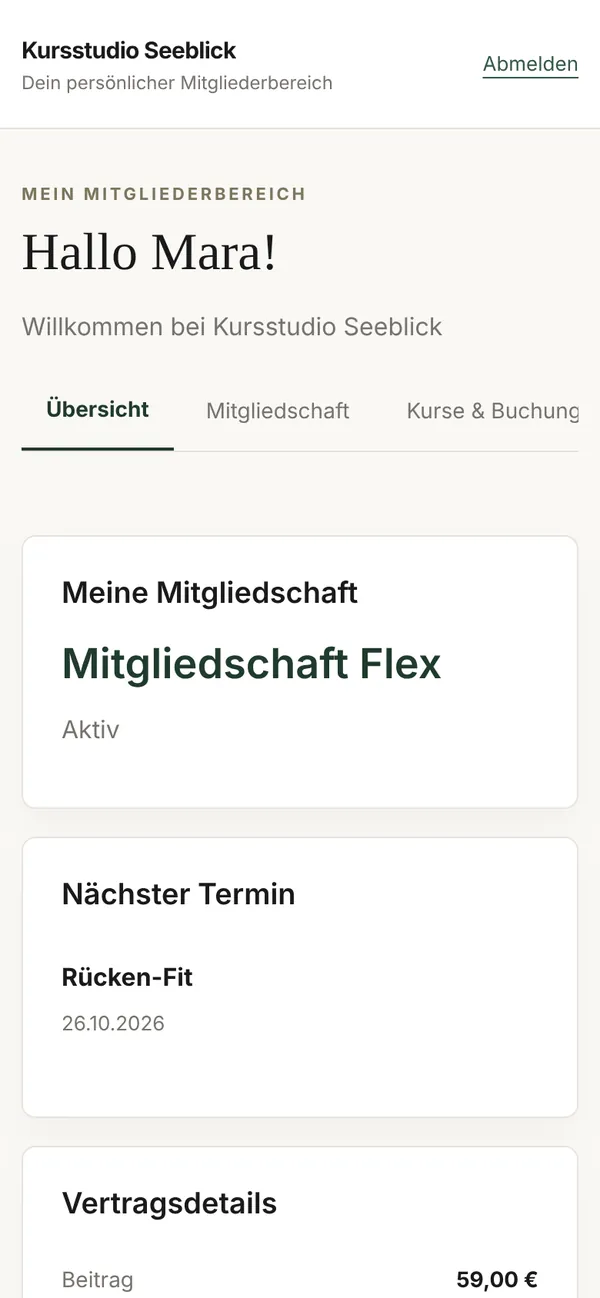 Mitgliederbereich: Hallo Mara, Mitgliedschaft Flex aktiv, nächster Termin Pilates Mat