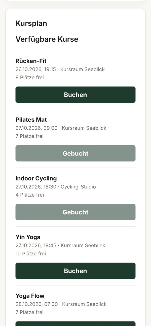 Kursplan nach der Buchung: Indoor Cycling ist als gebucht markiert