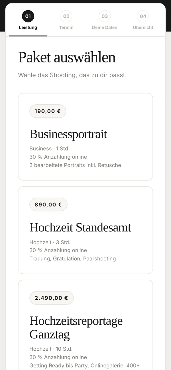Buchungsseite Schritt 1: Paket auswählen mit Businessportrait, Hochzeit Standesamt und Hochzeitsreportage samt Preis, Dauer und Anzahlung