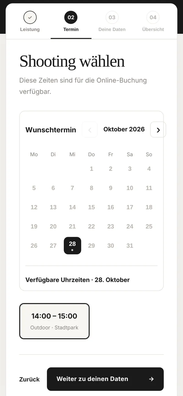 Schritt 2: Wunschtermin im Kalender Oktober 2026, verfügbare Uhrzeit 14:00 bis 15:00 Outdoor Stadtpark