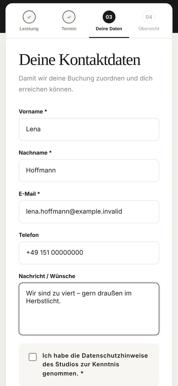 Schritt 3: Kontaktdaten mit Vorname, Nachname, E-Mail, Telefon und Nachricht