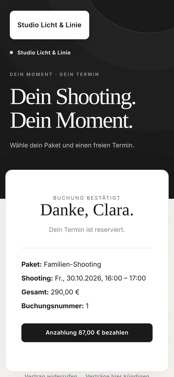 Buchung bestätigt: Danke, Clara. Familien-Shooting am 30.10.2026 von 16:00 bis 17:00, Schaltfläche Anzahlung 87,00 Euro bezahlen