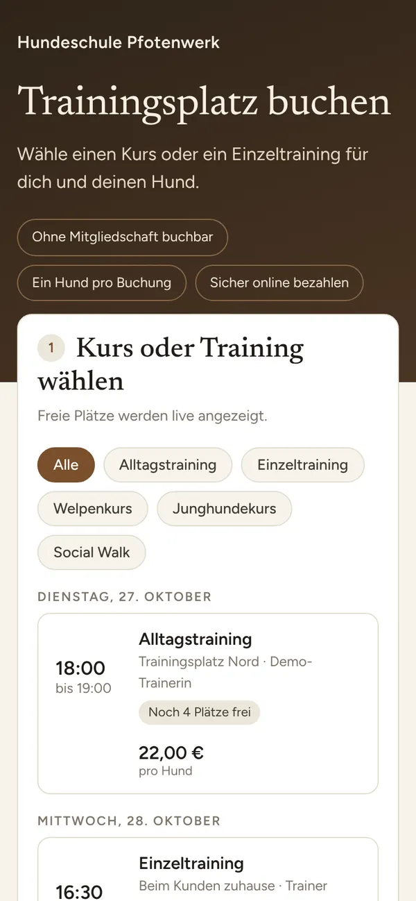 Trainingsplatz buchen: Kurs oder Training wählen, Filter nach Kursart, Alltagstraining mit noch 4 freien Plätzen
