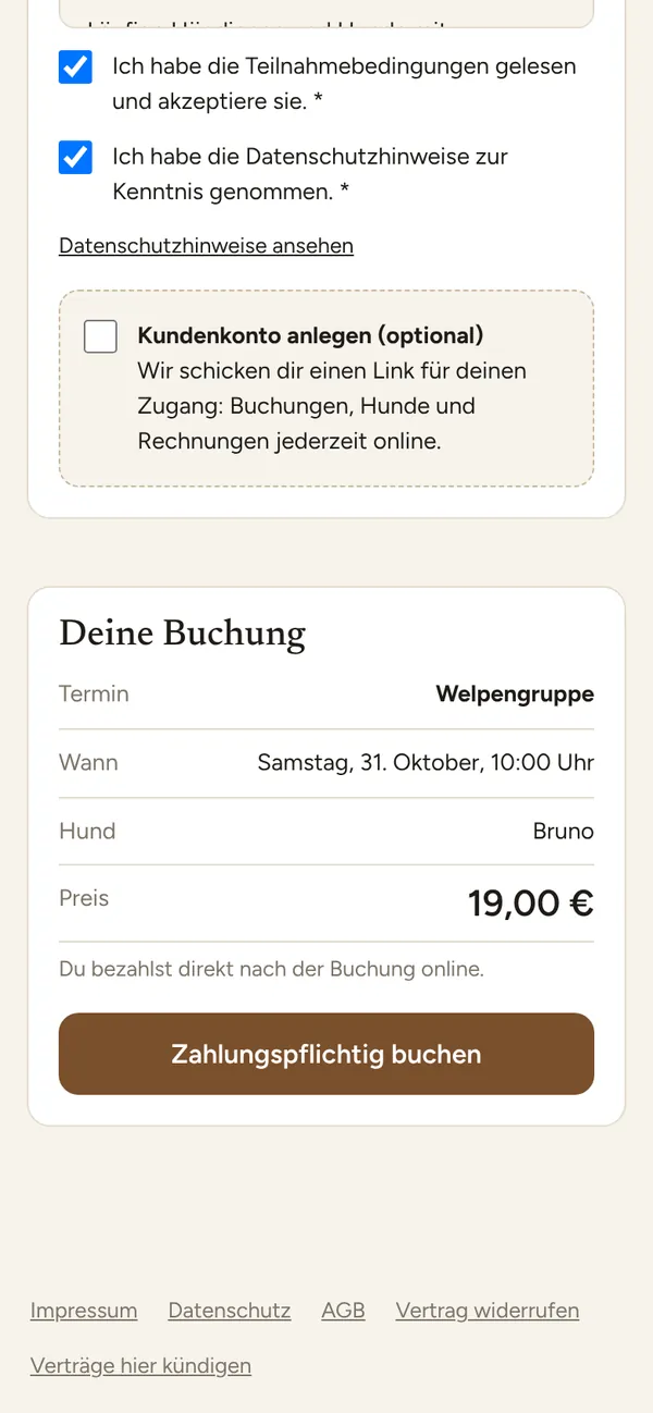 Zusammenfassung Deine Buchung: Welpengruppe am Samstag, 31. Oktober, 10:00 Uhr, Hund Bruno, Preis 19 Euro, Schaltfläche Zahlungspflichtig buchen