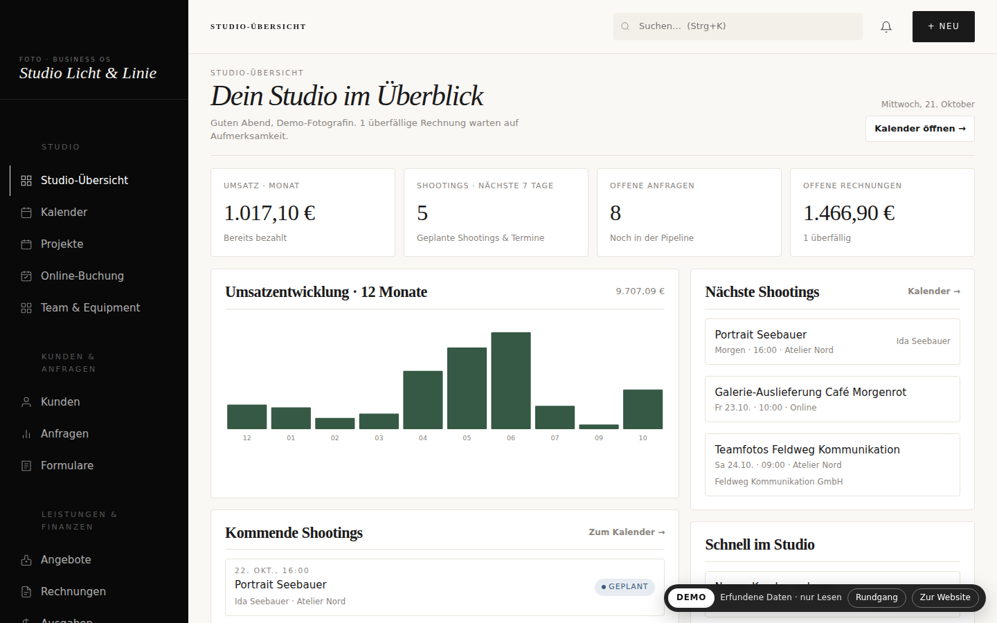BAVORA CRM: Kunden, Termine und Projekte im Dashboard eines fiktiven Fotostudios