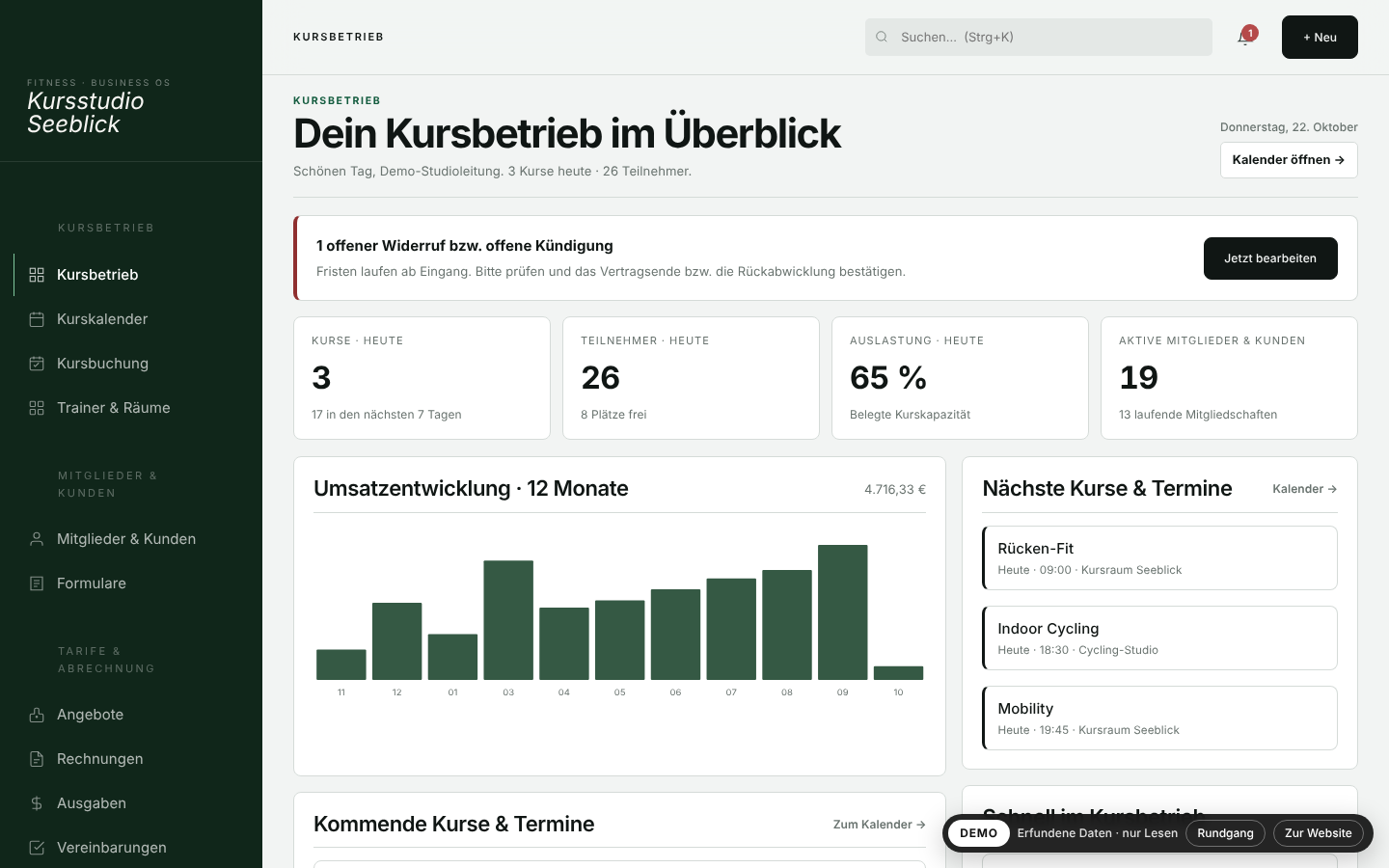 Echter Browser-Screenshot der BAVORA CRM-Enterprise-Demo: Dashboard eines fiktiven Kursstudios mit Kursen, Auslastung, Mitgliedschaften und Originalnavigation