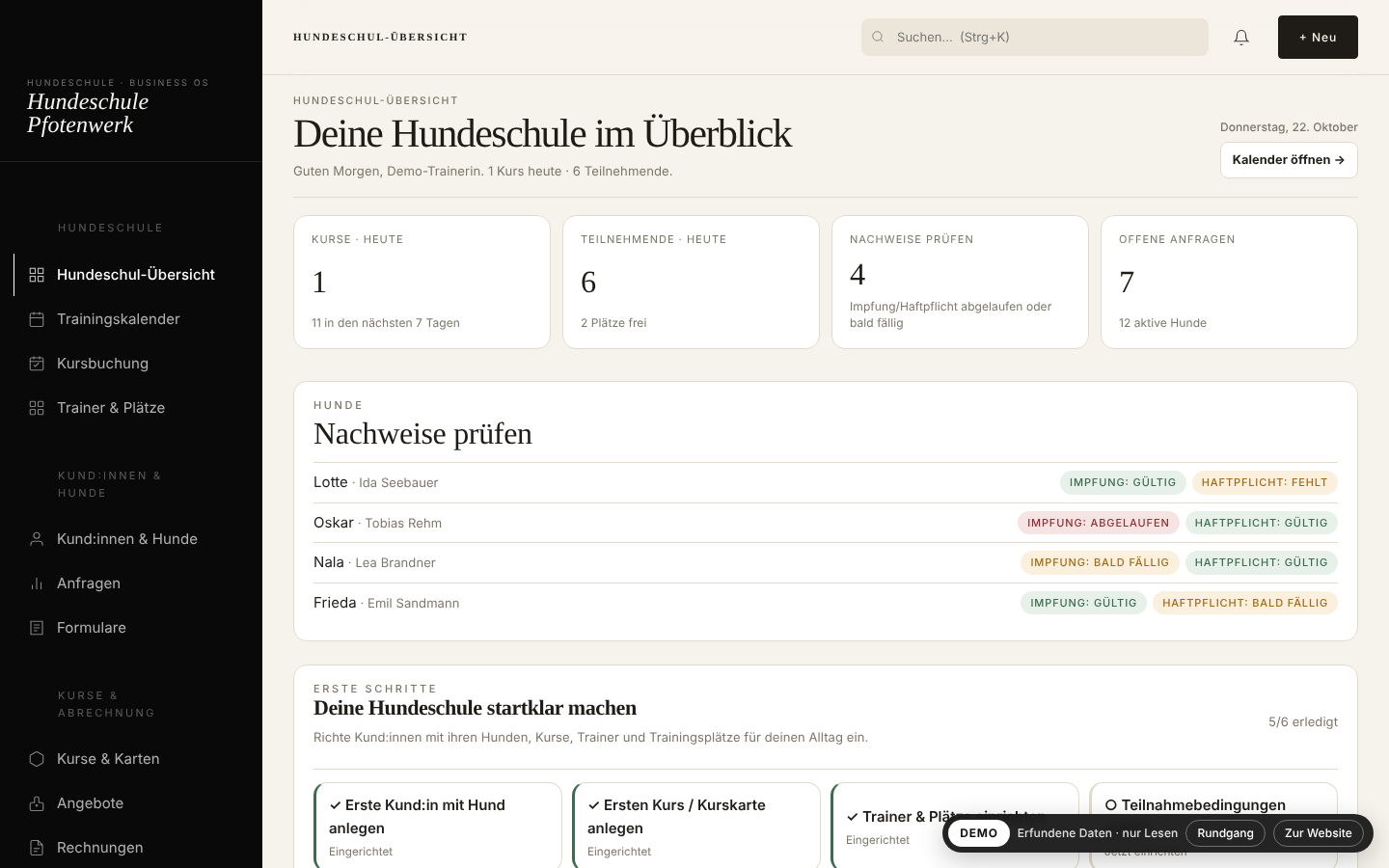 Echter Browser-Screenshot der BAVORA CRM-Enterprise-Demo: Dashboard einer fiktiven Hundeschule mit Kursen, Nachweisen und Originalnavigation