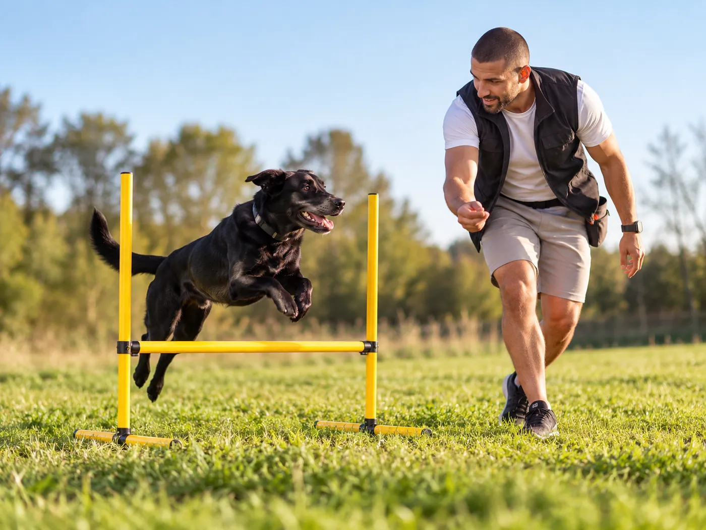 Trainer läuft neben einem schwarzen Hund, der über eine gelbe Agility-Hürde springt