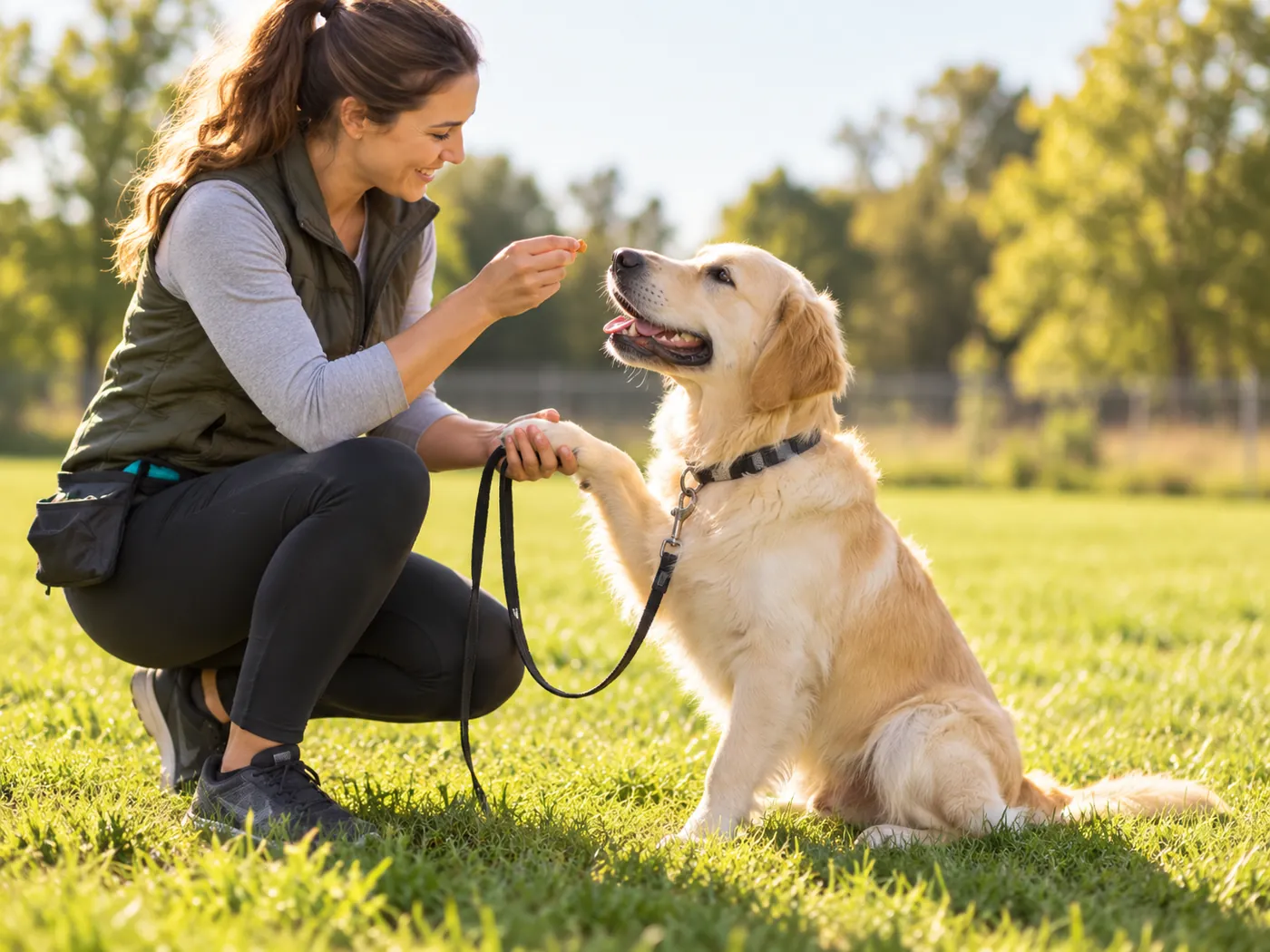 Trainerin gibt einem Golden Retriever auf der Wiese ein Leckerli