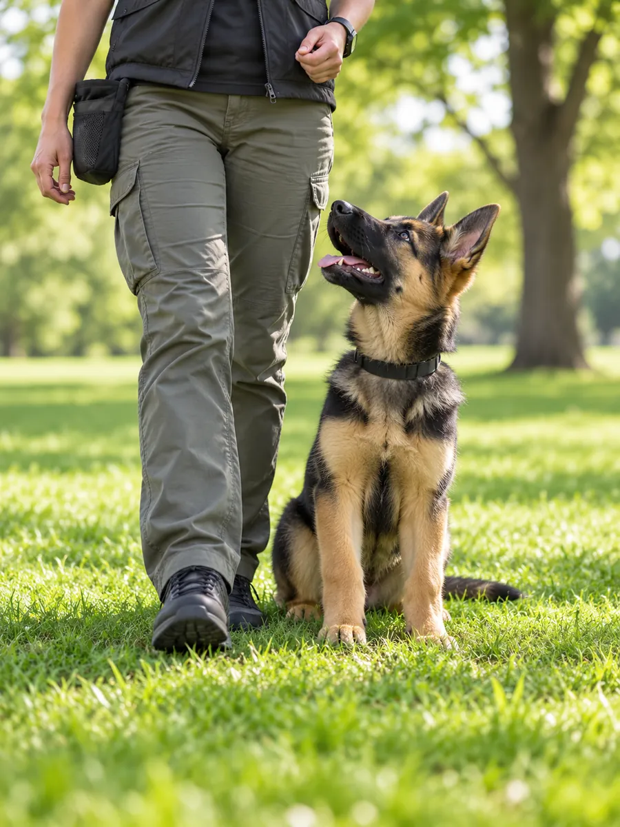 Junger Schäferhund sitzt im Park und schaut aufmerksam zur Trainerin