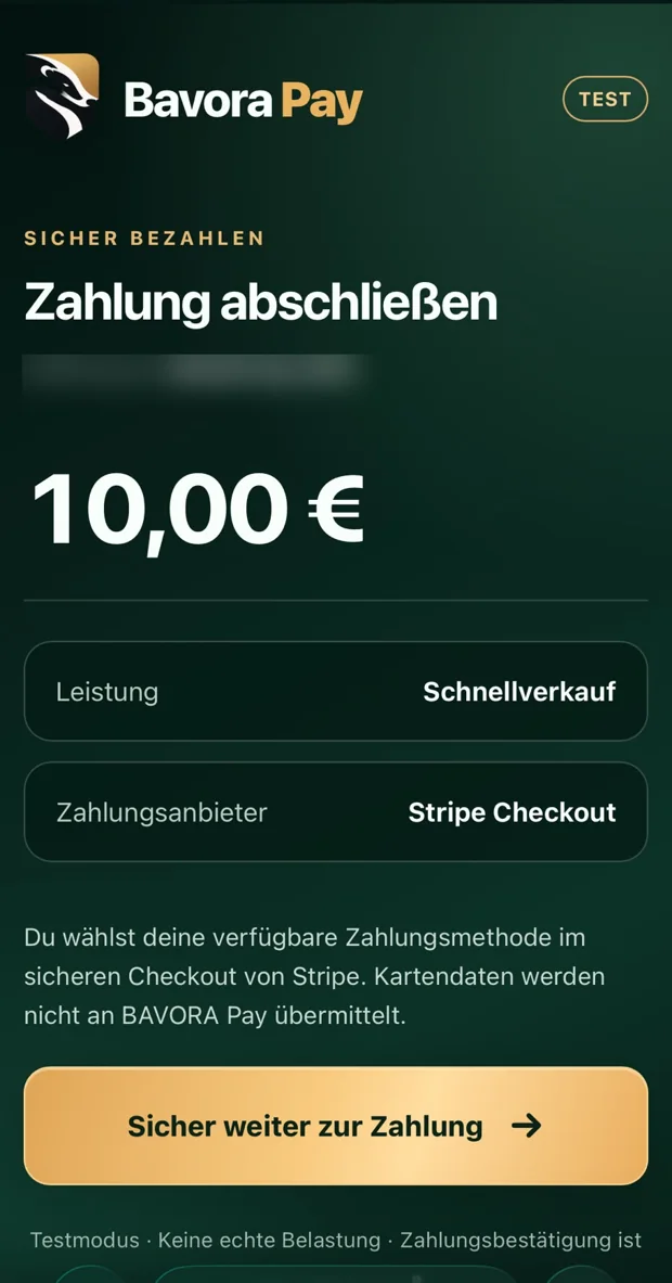 Beispielansicht der Zahlungsabwicklung mit BAVORA Pay