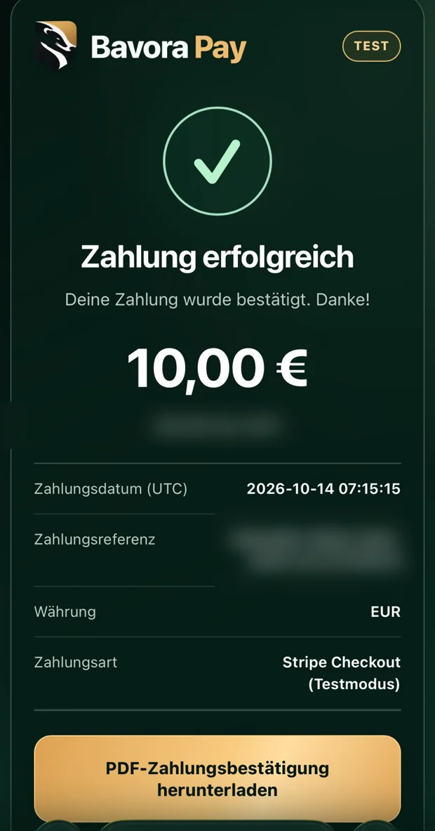 Beispiel einer erfolgreichen BAVORA-Pay-Zahlung