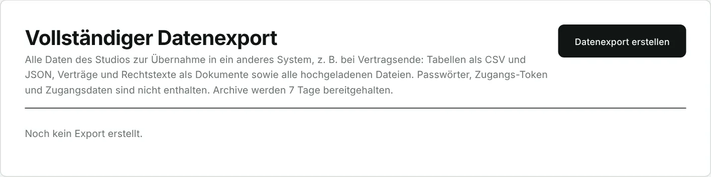 BAVORA CRM: Bereich „Vollständiger Datenexport“ mit Schaltfläche „Datenexport erstellen“
