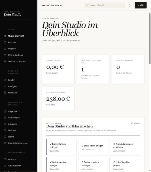 Studio-Übersicht in der Desktop-Ansicht
