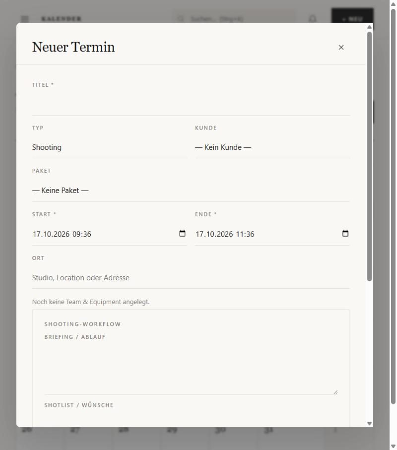 Dialog „Neuer Termin“ mit Shooting-Workflow