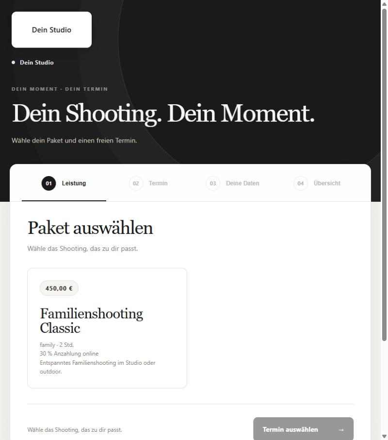 Buchungsseite: Paket auswählen