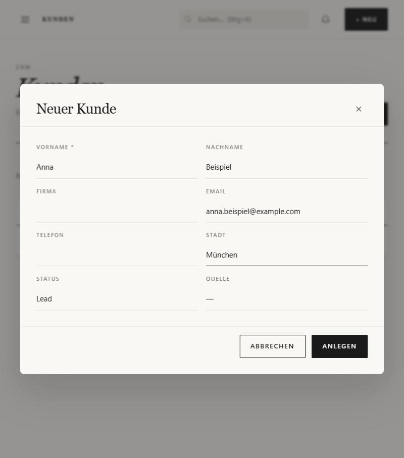 Dialog „Neuer Kunde“