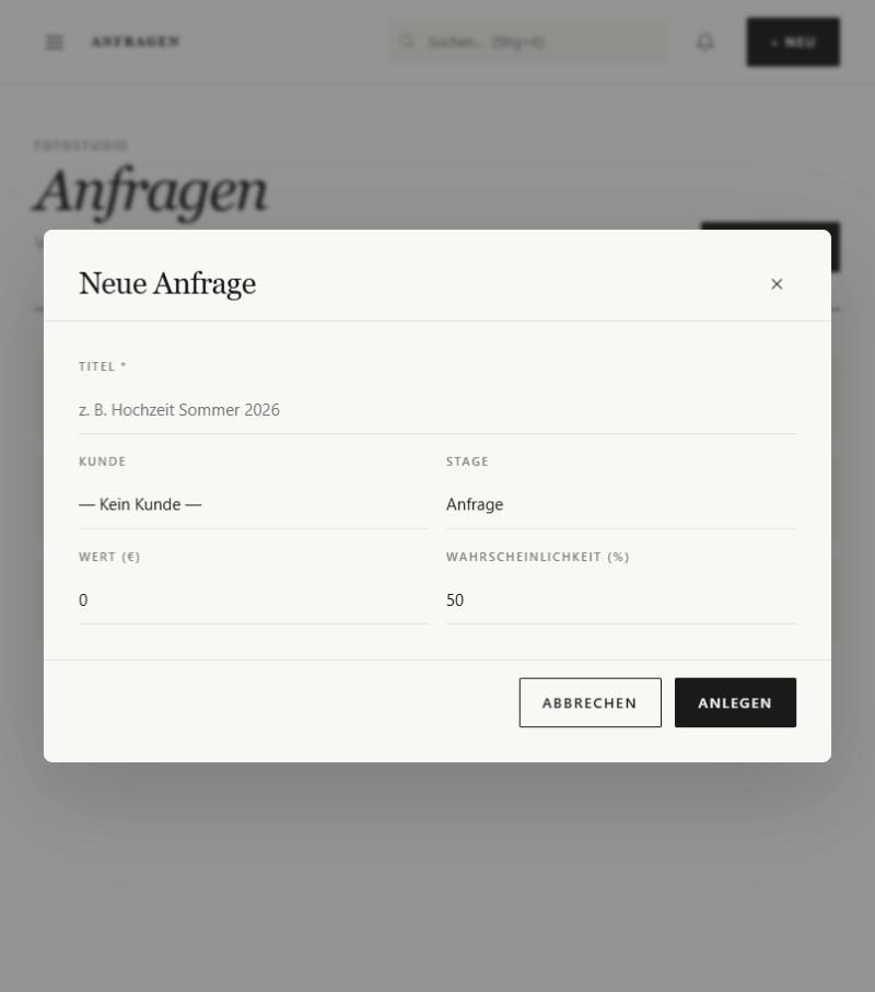 Dialog „Neue Anfrage“