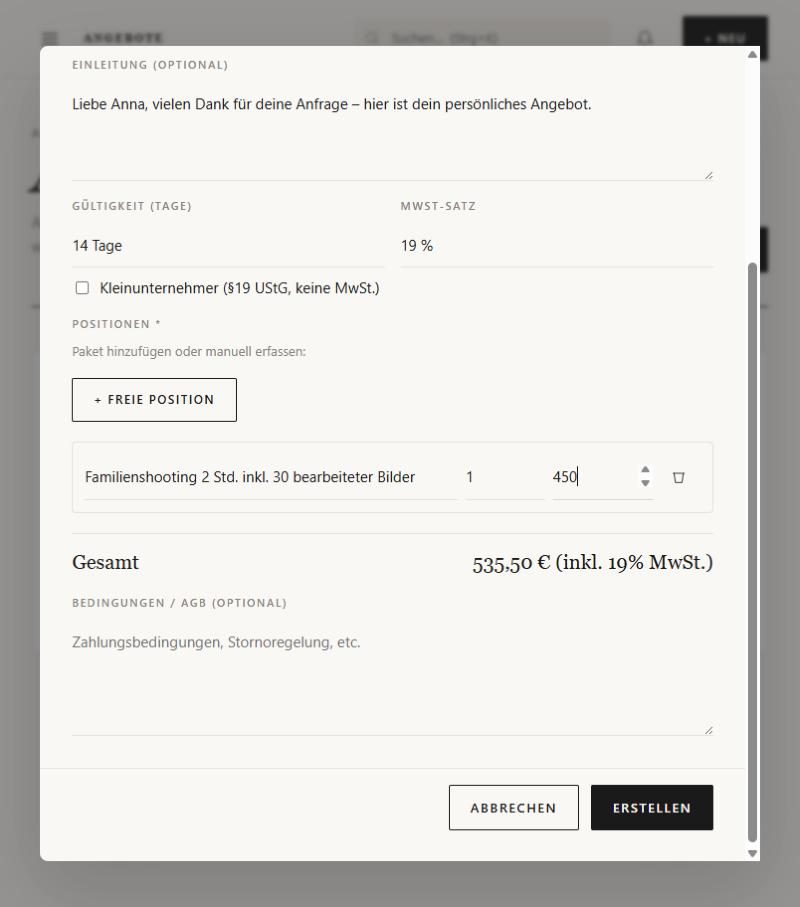 Neues Angebot mit Position und MwSt.