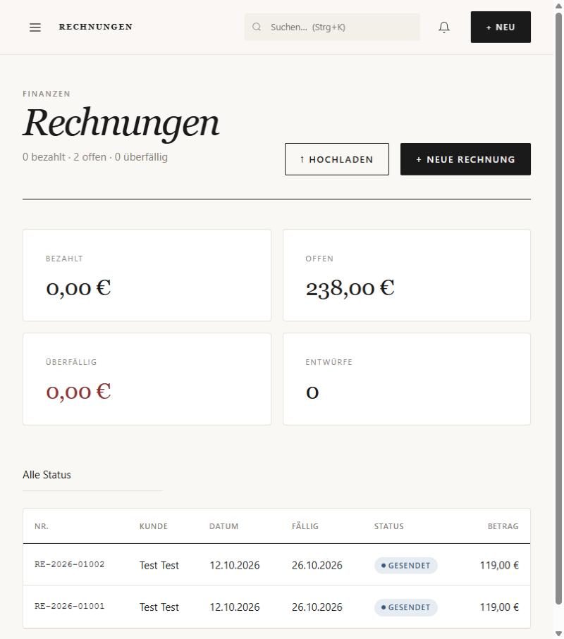 Rechnungsübersicht mit Kennzahlen