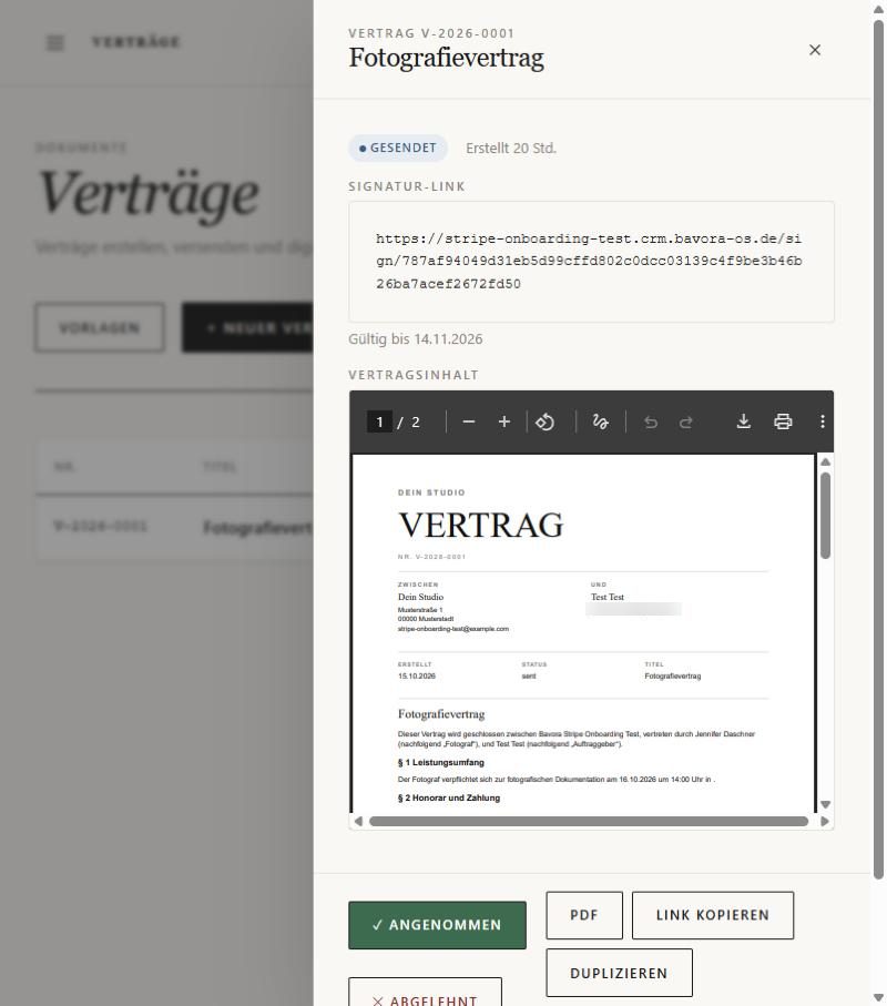 Vertrag mit Signatur-Link und PDF