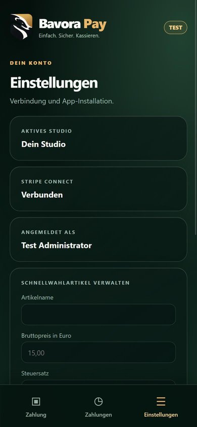 Einstellungen mit Stripe-Status